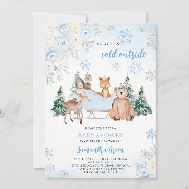 Blue Winter Woodland Baby Shower Inbjudningar (Framsida)