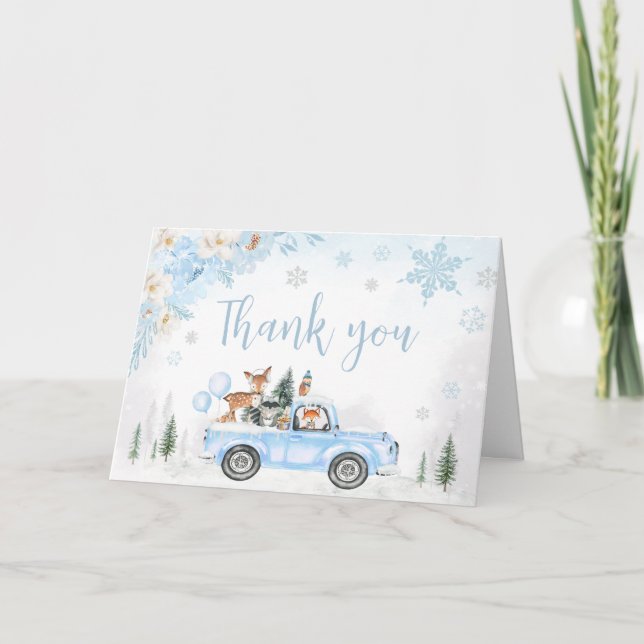 Blue Winter Woodland Lastbil Baby Shower Tack Kort (Framsida)