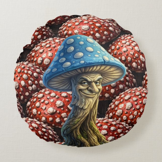 Blue wizard, mushroom whimsical forest fantasy rund kudde (Framsidan)