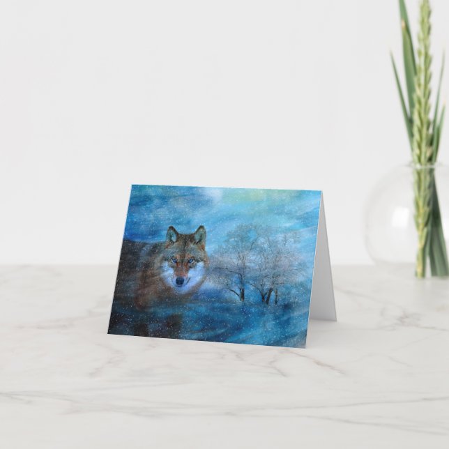 Blue Wolf Winter Forest Wildlife Painting Anteckningskort (Framsida)