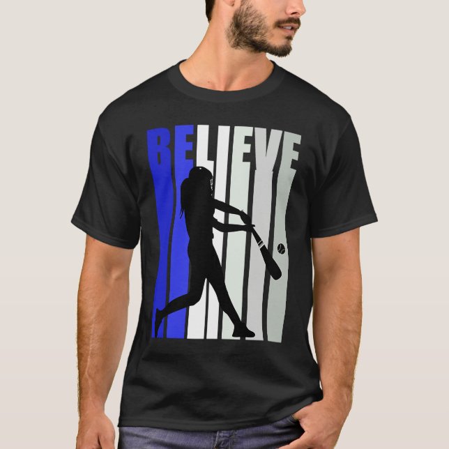 Blue Womens Believe Baseball Inspirational Softbal T Shirt (Framsida)