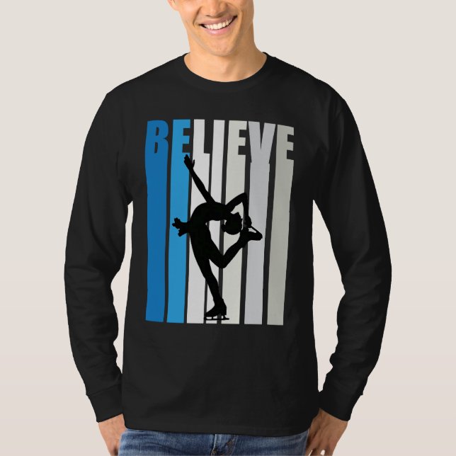 Blue Womens Believe Ice Skating Motivational Retro T Shirt (Framsida)