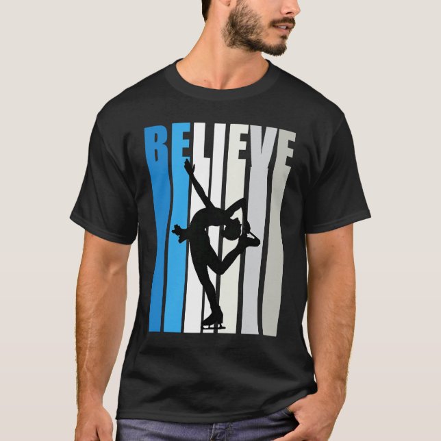 Blue Womens Believe Ice Skating Motivational Retro T Shirt (Framsida)