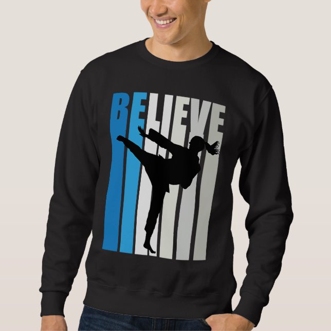 Blue Womens Believe Karate Motivational Retro Grap Lång Ärmad Tröja (Framsida)