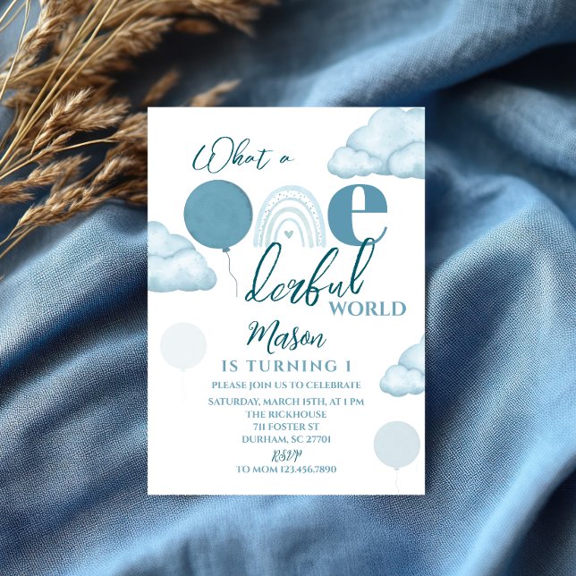 Blue Wonderful World First Birthday Invitation Inbjudningar (Skapare uppladdad)