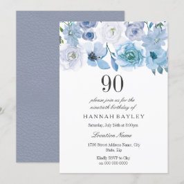 Blue Wonderland Grått Flower 90:e Birthday Inbjuda Inbjudningar