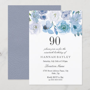 Blue Wonderland Grått Flower 90:e Birthday Inbjuda Inbjudningar