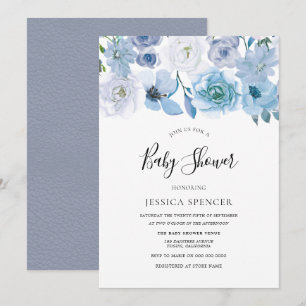Blue Wonderland Grått Flower Baby Shower Inbjudan
