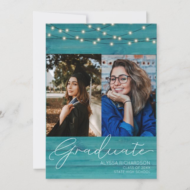 Blue Wood 2 Photo Handwritin Typography Studenten Inbjudningar (Framsida)