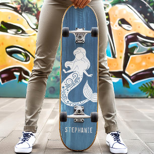 Blue Wood Beach Mermaid Anpassat Namn Mini Skateboard Bräda 18,5 Cm