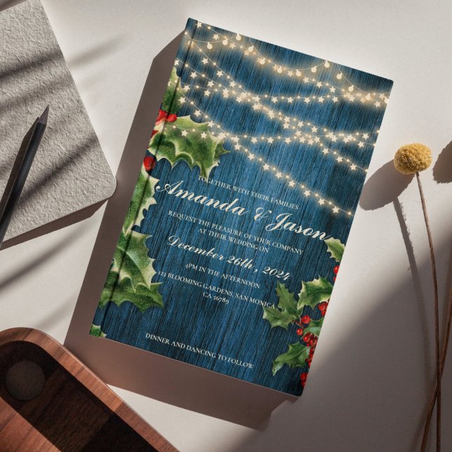 Blue Wood Berries julbröllopsinbjudan (Blue Wood Berries Christmas wedding Invitation )