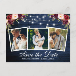 Blue Wood Burgundy Blommigt 3 Foto Save Date Inbjudan Vykort