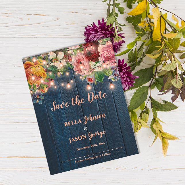Blue Wood Floral String Lights Save The Date Inbjudan Vykort (Blue Wood Floral String Lights Save The Date Invitation Postcard)