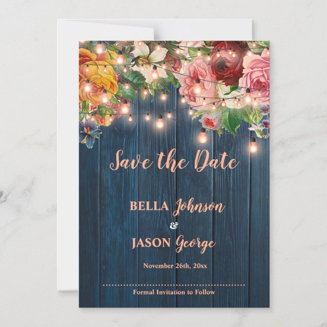 Blue Wood Floral String Lights Save The Date Magnetisk Inbjudningskort (Framsida)