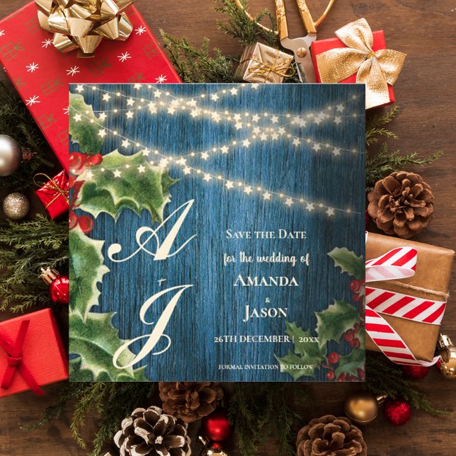 Blue Wood Monogram jul Bröllop spara datum Magnetisk Inbjudningskort (Blue Wood Monogram Christmas Wedding Save The Date Magnetic Invitation)