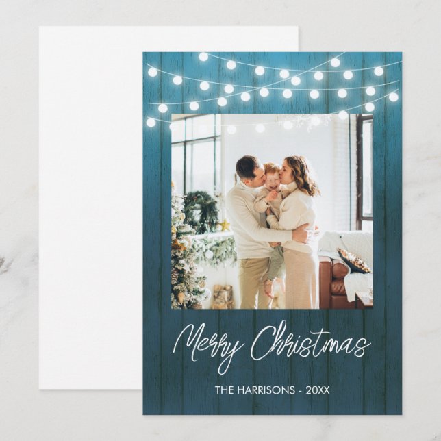 Blue Wood Plate String Ljus Photo Jul Julkort (Fram/baksida)