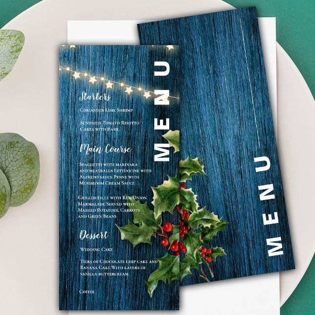 Blue Wood Red Berries Bröllopsfest jul Meny (Blue Wood Red Berries Christmas Wedding Party Menu)