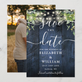 Blue Wood String Ljus Greenery Photo Bröllop Spara Datumet