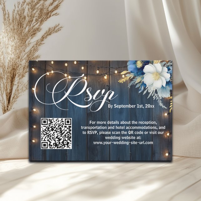 Blue Wood String Ljus QR Code Bröllop OSA Kort (Skapare uppladdad)