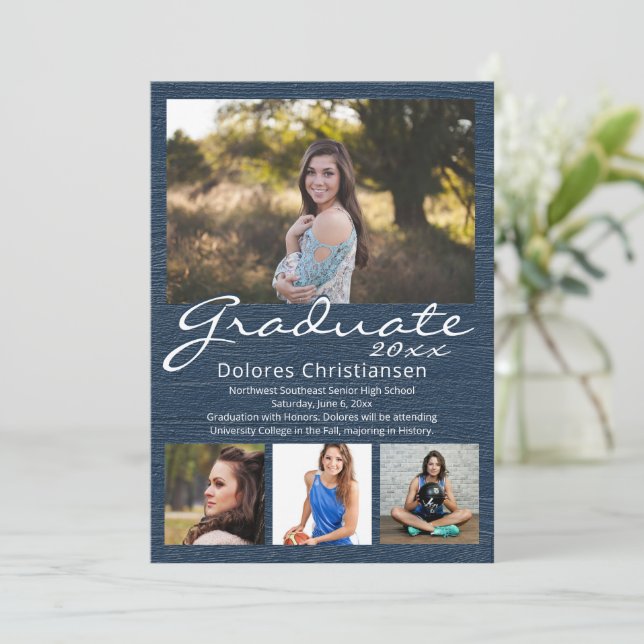 Blue Woodgrain Modern 4 Photo Studenten Inbjudningar (Stående Fram)