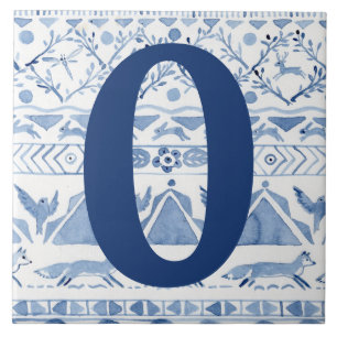 Blue Woodland Animal Ikat House Adress nummer 0 Kakelplatta