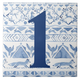 Blue Woodland Animal Ikat House Adress nummer 1 Kakelplatta