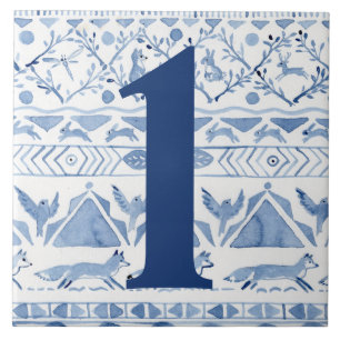 Blue Woodland Animal Ikat House Adress nummer 1 Kakelplatta