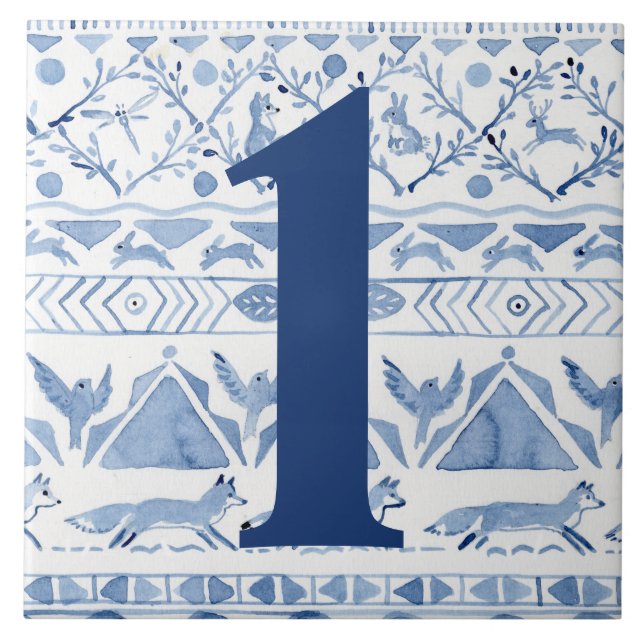 Blue Woodland Animal Ikat House Adress nummer 1 Kakelplatta (Framsidan)