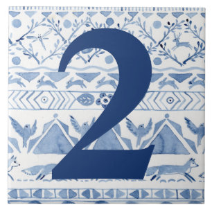Blue Woodland Animal Ikat House Adress nummer 2 Kakelplatta
