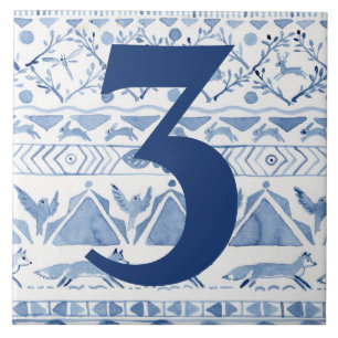 Blue Woodland Animal Ikat House Adress nummer 3 Kakelplatta