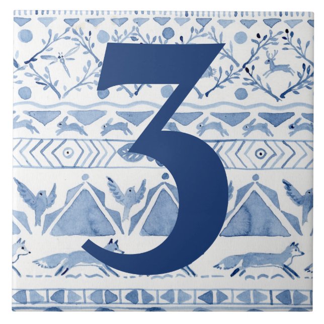 Blue Woodland Animal Ikat House Adress nummer 3 Kakelplatta (Framsidan)