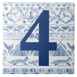 Blue Woodland Animal Ikat House Adress nummer 4 Kakelplatta
