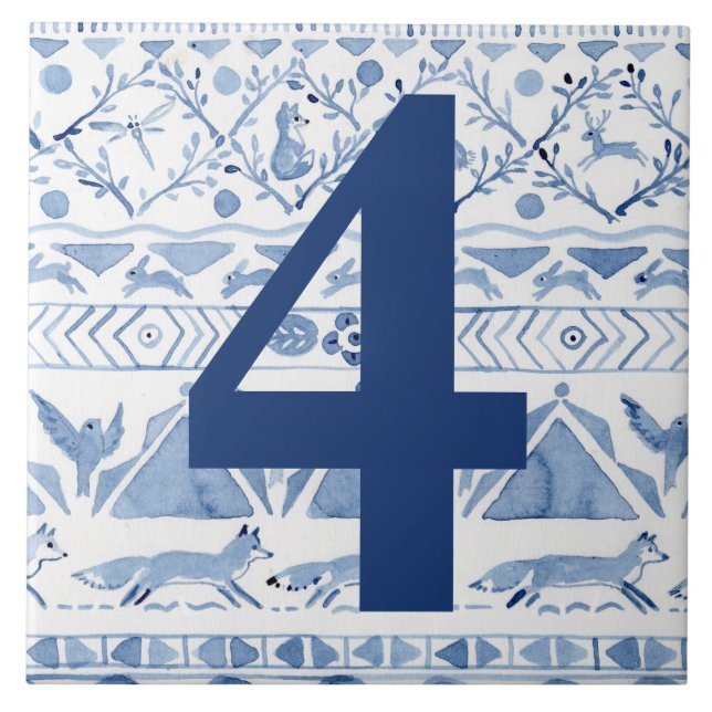 Blue Woodland Animal Ikat House Adress nummer 4 Kakelplatta (Framsidan)