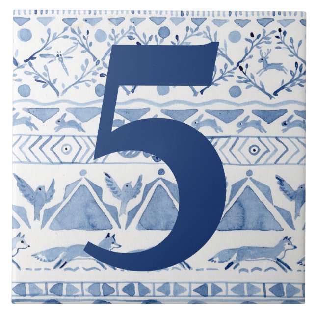 Blue Woodland Animal Ikat House Adress nummer 5 Kakelplatta (Framsidan)