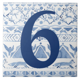 Blue Woodland Animal Ikat House Adress nummer 6 Kakelplatta