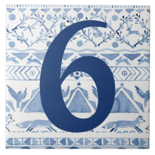 Blue Woodland Animal Ikat House Adress nummer 6 Kakelplatta
