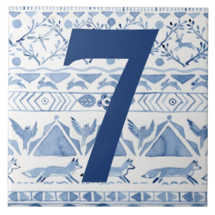 Blue Woodland Animal Ikat House Adress nummer 7 Kakelplatta