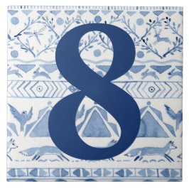 Blue Woodland Animal Ikat House Adress nummer 8 Kakelplatta