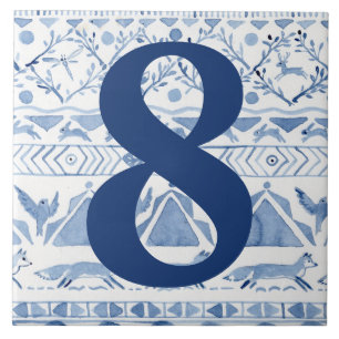 Blue Woodland Animal Ikat House Adress nummer 8 Kakelplatta