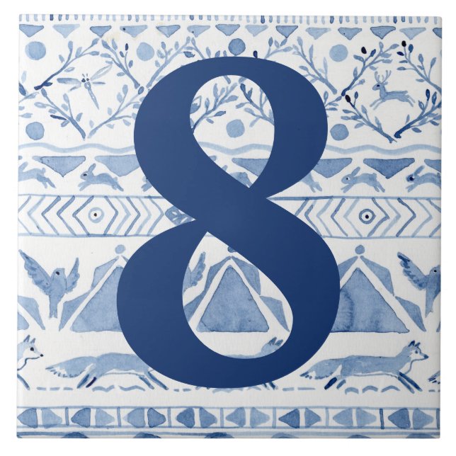 Blue Woodland Animal Ikat House Adress nummer 8 Kakelplatta (Framsidan)