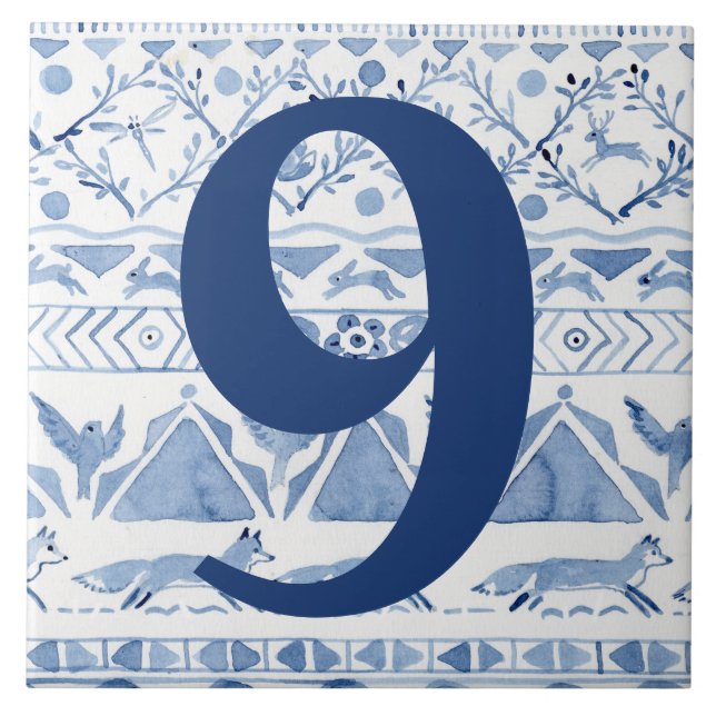 Blue Woodland Animal Ikat House Adress nummer 9 Kakelplatta (Framsidan)