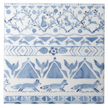 Blue Woodland Animal Ikat Mönster Fox Rabbit Bird