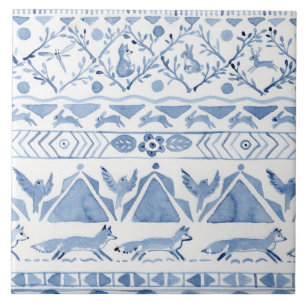 Blue Woodland Animal Ikat Mönster Fox Rabbit Bird Kakelplatta