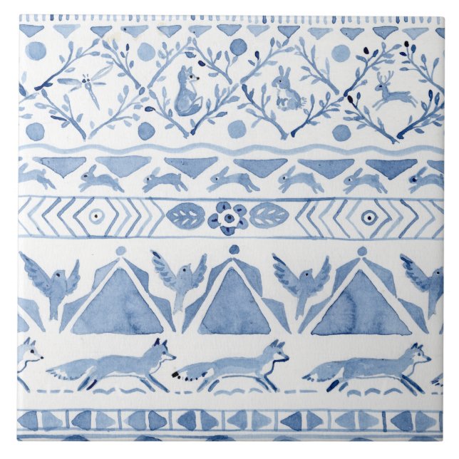 Blue Woodland Animal Ikat Mönster Fox Rabbit Bird Kakelplatta (Framsidan)