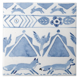 Blue Woodland Animal Ikat Mönster Fox Version 2 Kakelplatta
