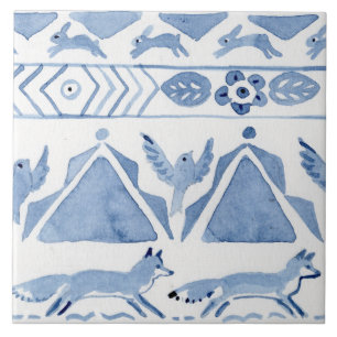Blue Woodland Animal Ikat Mönster Fox Version 2 Kakelplatta