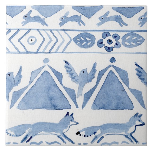 Blue Woodland Animal Ikat Mönster Fox Version 2 Kakelplatta (Framsidan)
