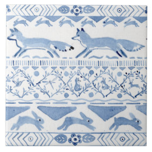 Blue Woodland Animal Ikat Mönster Fox Version 3 Kakelplatta