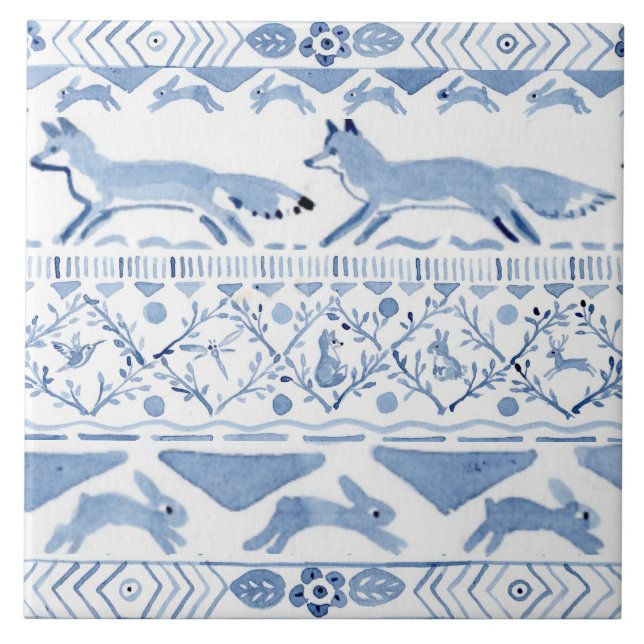 Blue Woodland Animal Ikat Mönster Fox Version 3 Kakelplatta (Framsidan)