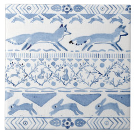 Blue Woodland Animal Ikat Mönster Fox Version 3 Kakelplatta